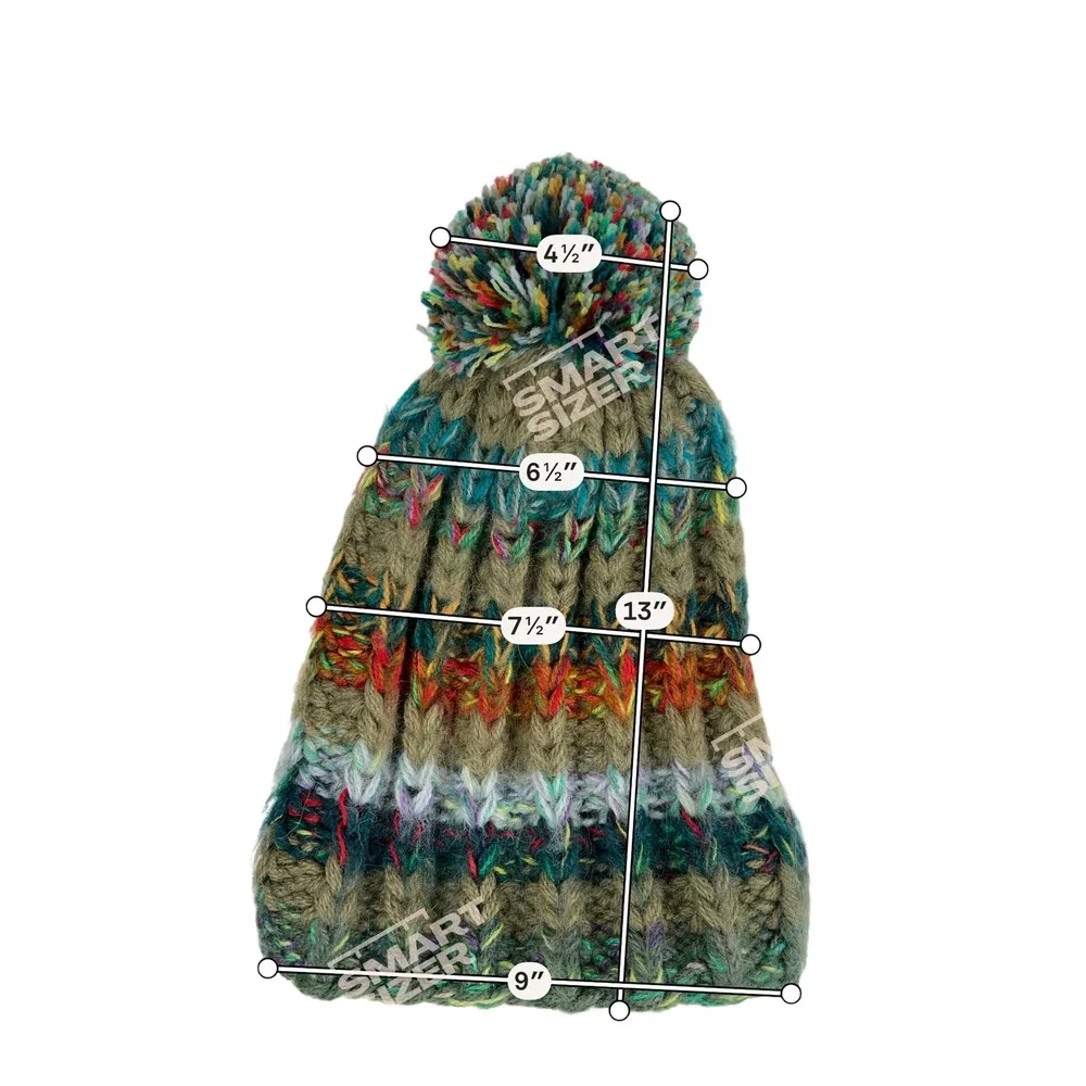 Andes Gifts Multi Color Chunky Knit Pom Pom Beanie Olive Green Alpaca‎ Blend